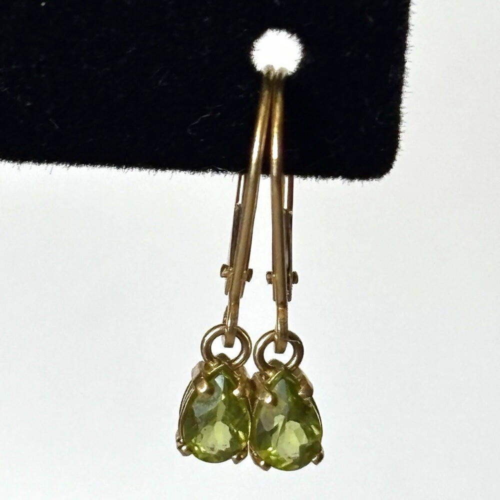 14K Yellow Gold Leverback Dangle Earrings Green Peridot Marked AFJC14k - 1.16g